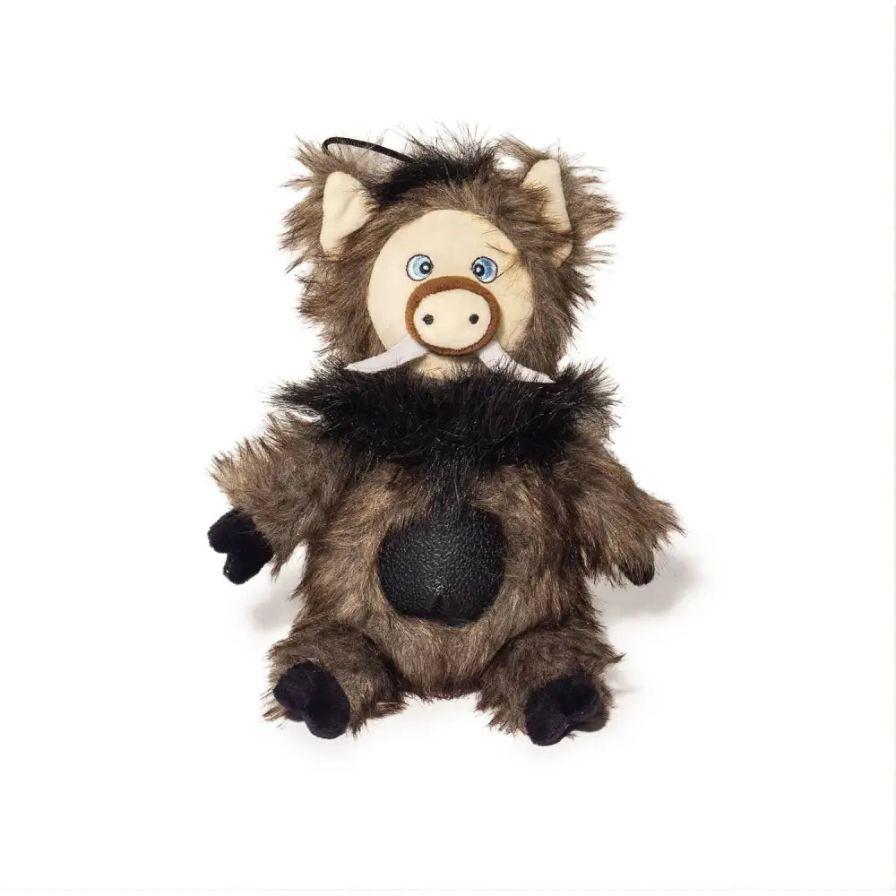 Danish design wilbur plush toy featuring a brown and black wild boar with blue eyes and fluffy fur