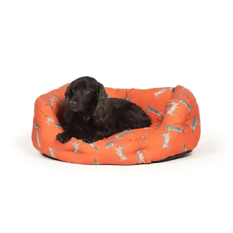 Orange dog bed with gray fox pattern from danish design woodland hare deluxe for cozy pet slumber