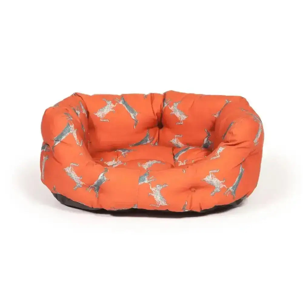 Orange cushioned dog bed with silver gray dachshund pattern from danish design woodland hare deluxe collection