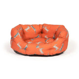 Orange cushioned dog bed with silver gray dachshund pattern from danish design woodland hare deluxe collection