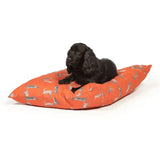 Orange dog bed with gray dachshund pattern featuring danish design woodland hare luxury deep duvet style