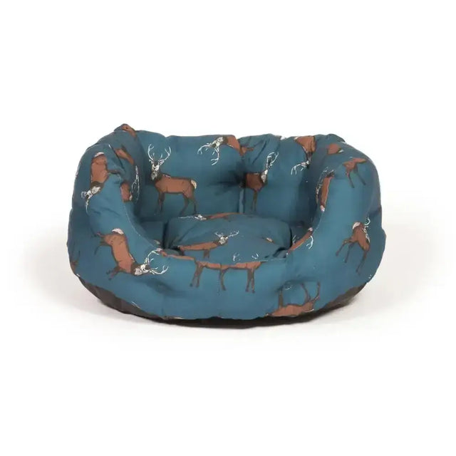 Teal danish design woodland stag deluxe dog bed with brown deer and white antlers pattern featuring iconic woodland creature