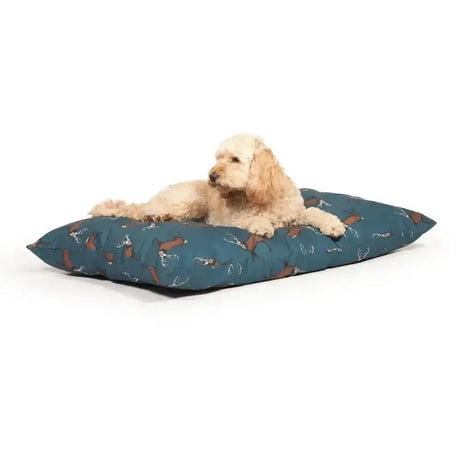 Teal danish design woodland stag luxury deep duvet dog bed with brown and white dog pattern for cozy pets