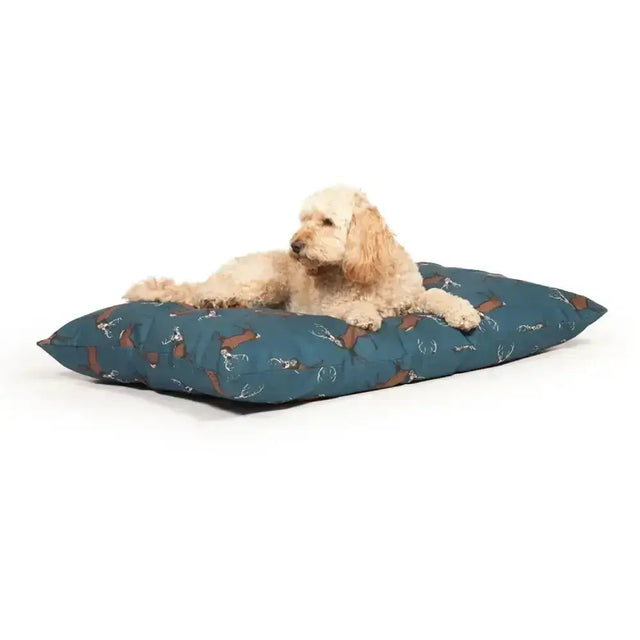 Teal danish design woodland stag luxury deep duvet dog bed with brown and white dog pattern for cozy pets