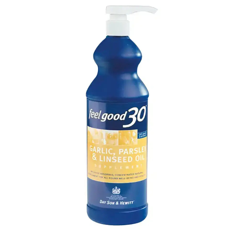 Blue plastic bottle with white pump of son & hewitt feel good 30 parsley & linseed garlic supplement label