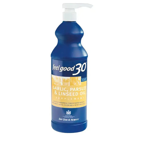 Blue plastic bottle with white pump of son & hewitt feel good 30 parsley & linseed garlic supplement label