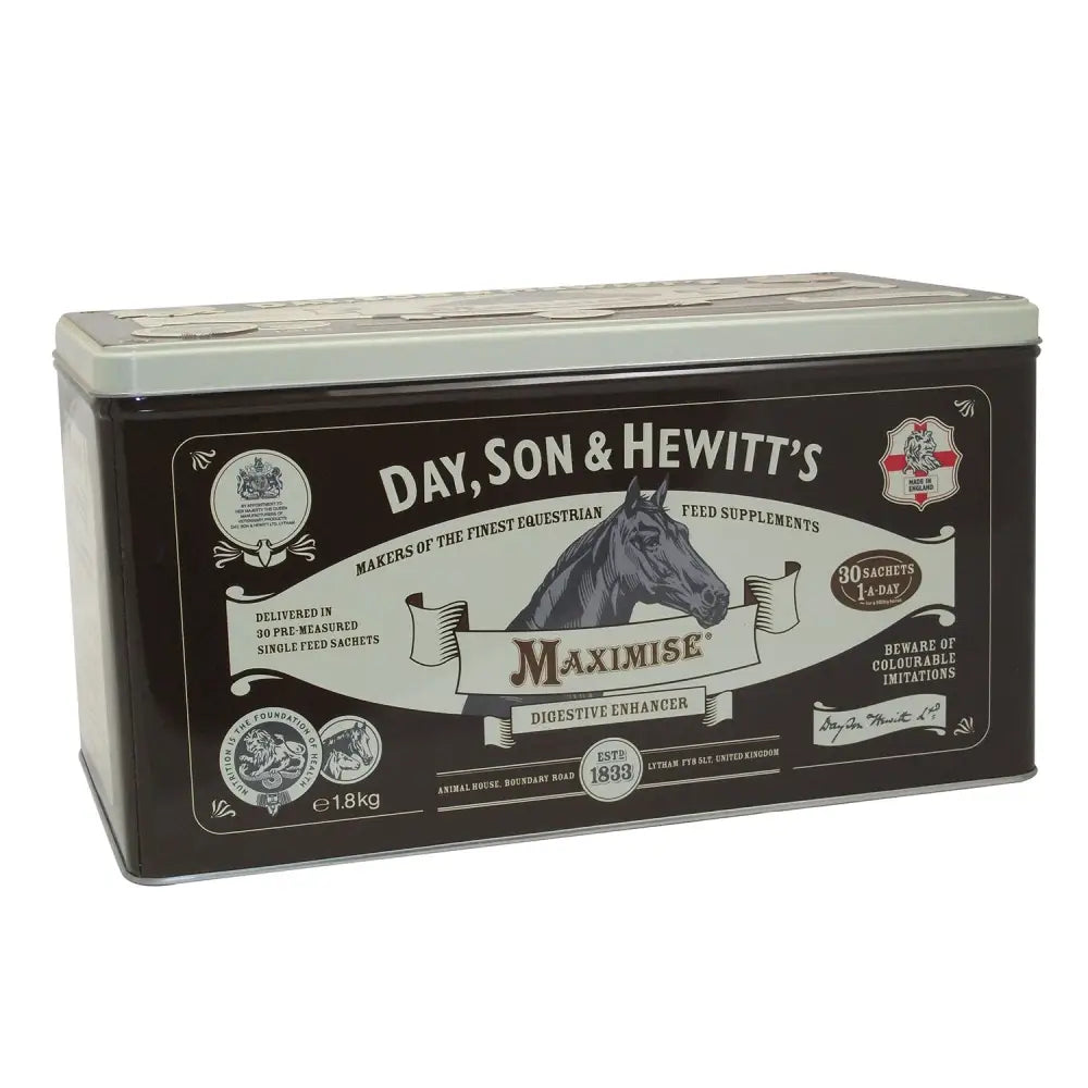 Black and silver tin with horse illustration labeled hewitt maximise digestive enhancer with synergistic blend