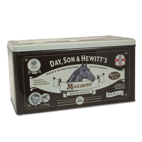 Black and silver tin with horse illustration labeled hewitt maximise digestive enhancer with synergistic blend