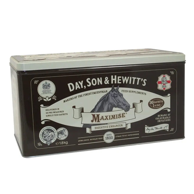 Black and silver tin with horse illustration labeled hewitt maximise digestive enhancer with synergistic blend