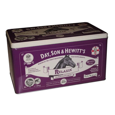 Purple rectangular metal tin with white trim and black horse illustration for son & hewitt relaxin calming supplement