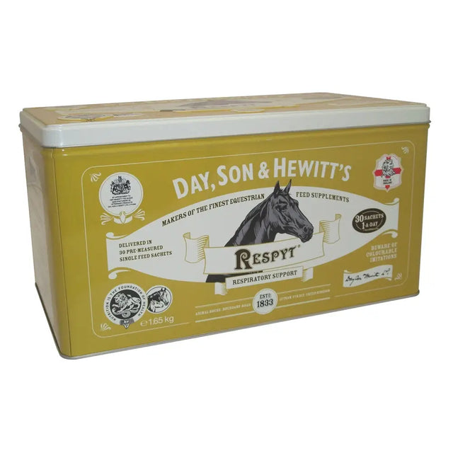 Yellow metal tin with white lid and black horse illustration labeled son and hewitt respyt respiratory support for equestrian feed