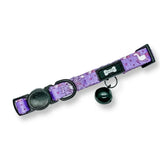 Purple patterned unicorns cat collar with black quick release buckle and black bell for cats