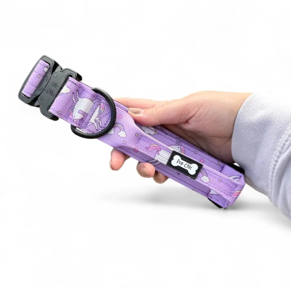 Purple daydreams and unicorns collar with playful unicorn cloud pattern black buckle d-ring pup chic style