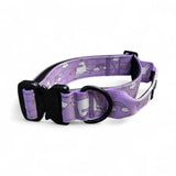 Purple daydreams and unicorns collar with playful unicorn rainbow pattern woven fabric black buckle pup chic style