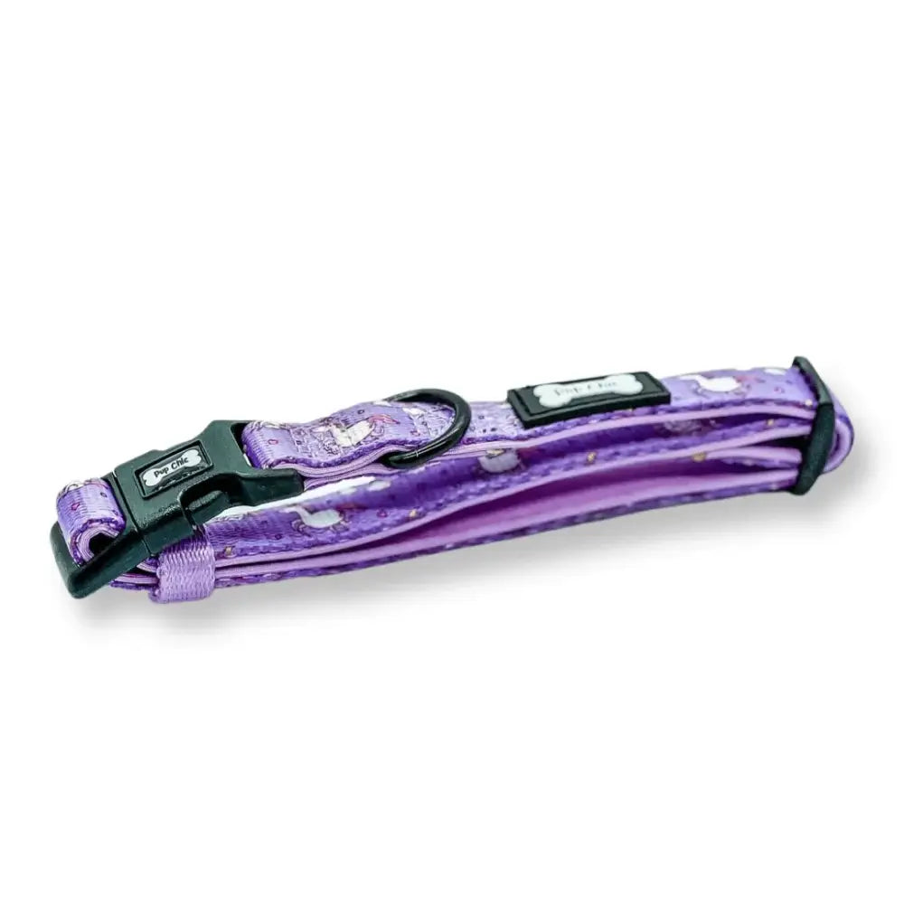 Purple patterned daydreams and unicorns collar with black plastic buckle and bone tag for pup chic style