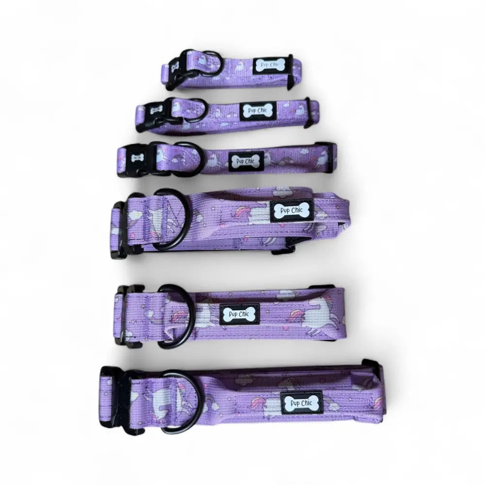 Purple patterned unicorns collars with black hardware and bone-shaped tags for pup chic style and tactical dog collars