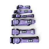 Purple patterned unicorns collars with black hardware and bone-shaped tags for pup chic style and tactical dog collars