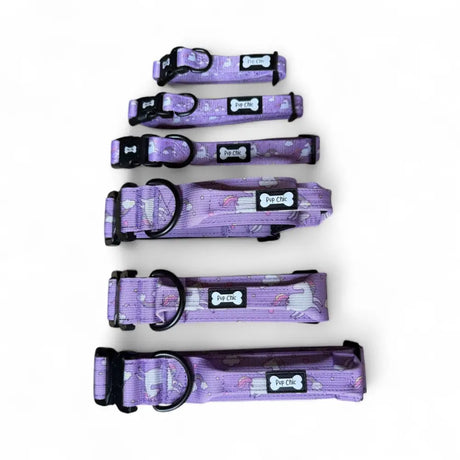 Purple patterned unicorns collars with black hardware and bone-shaped tags for pup chic style and tactical dog collars