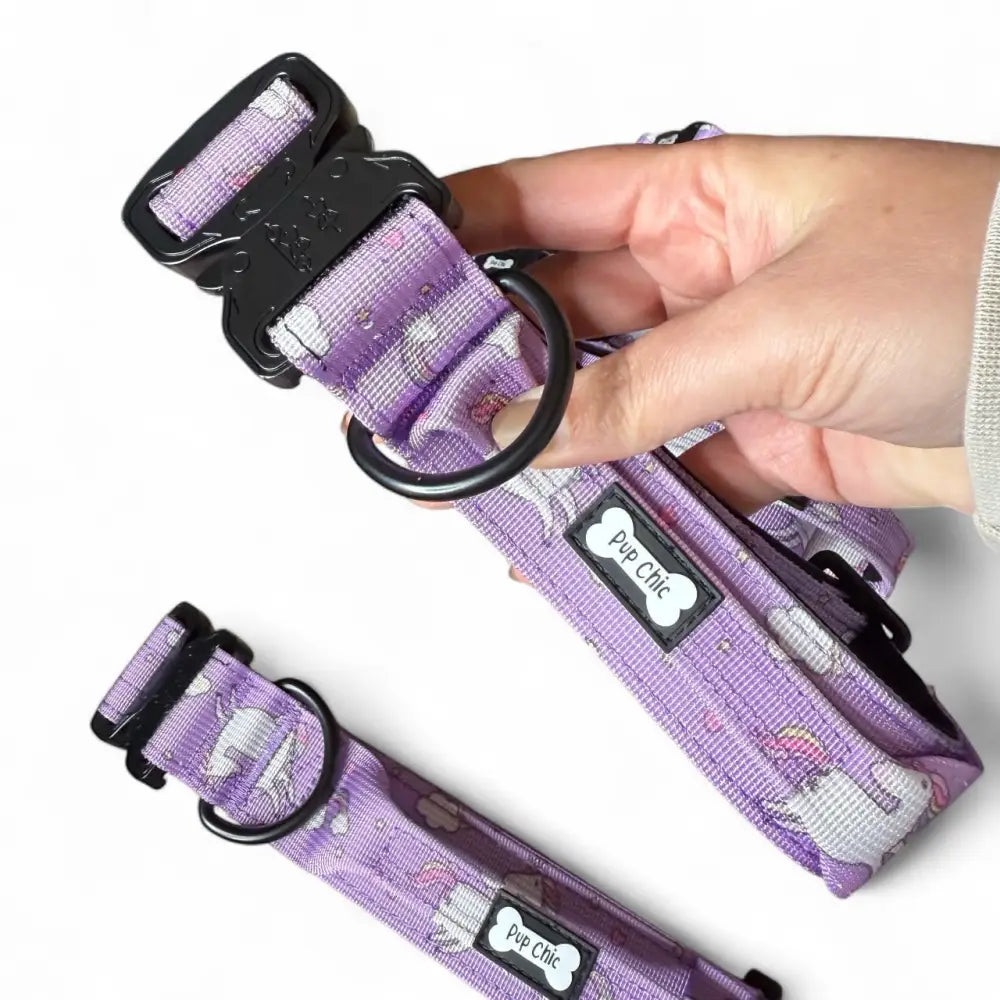 Purple daydreams and unicorns collar with unicorn pattern and black buckle in pup chic style for playful pups