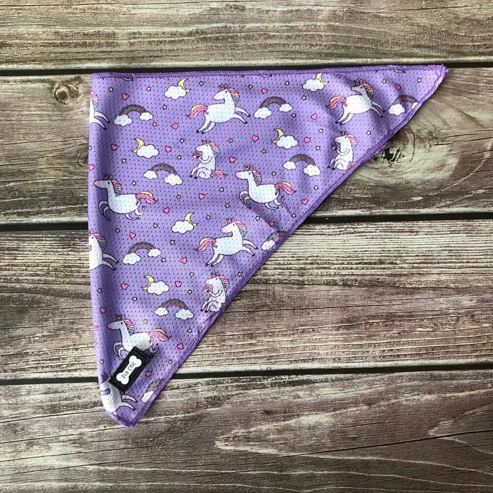 Purple triangular cooling bandana with white unicorns pink manes rainbows clouds and hearts perfect unicorns cooling bandana