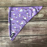 Purple triangular cooling bandana with white unicorns pink manes rainbows clouds and hearts perfect unicorns cooling bandana