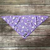Purple triangular mesh cooling bandana with white unicorns rainbows and clouds perfect unicorns cooling bandana