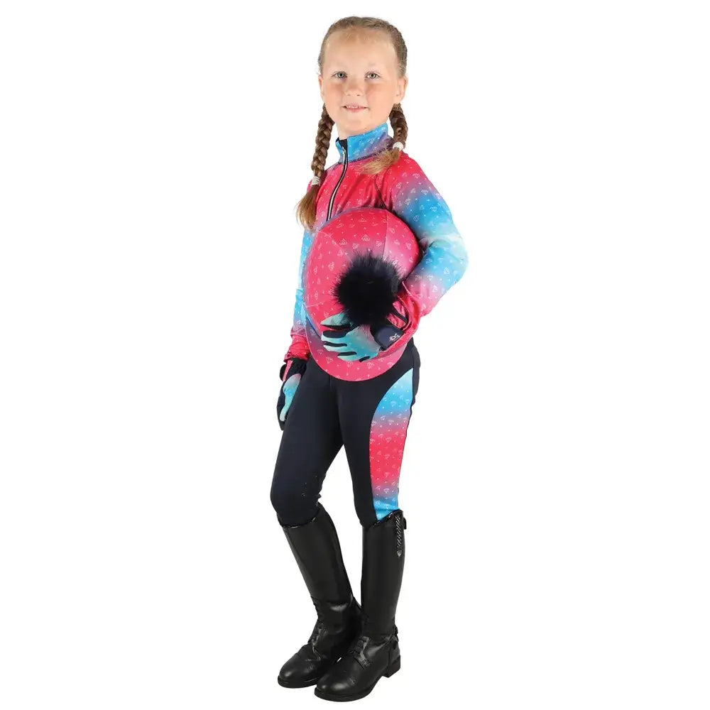 Pink and blue gradient equestrian helmet with black fuzzy pom-pom from dazzling diamond base by little rider
