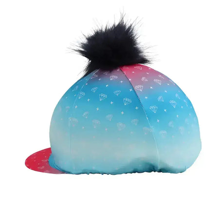 A dazzling diamond hat cover by little rider featuring a vibrant gradient design with a black furry pom-pom
