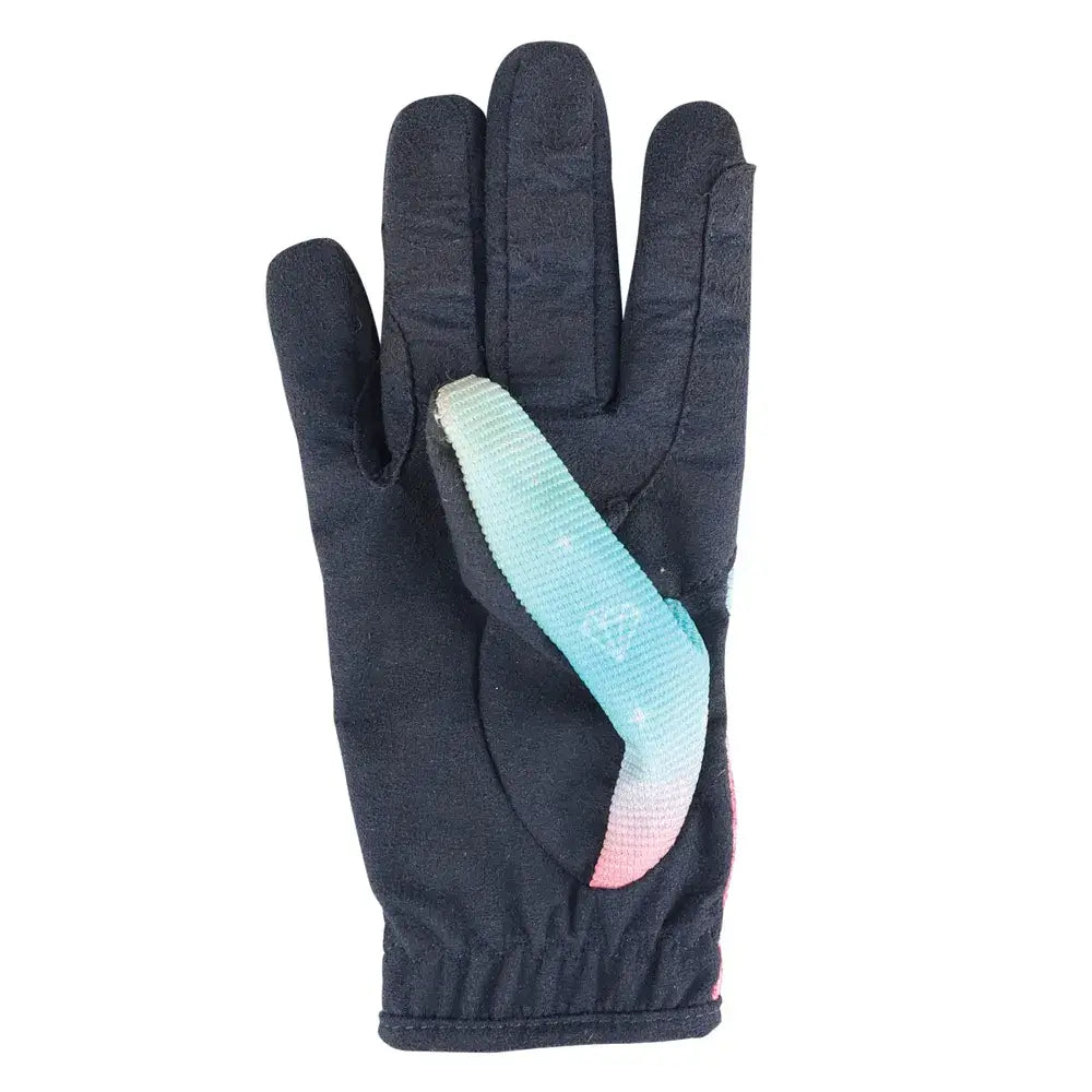 Black dazzling diamond riding gloves with teal to pink gradient textured palm by little rider for rider dazzle