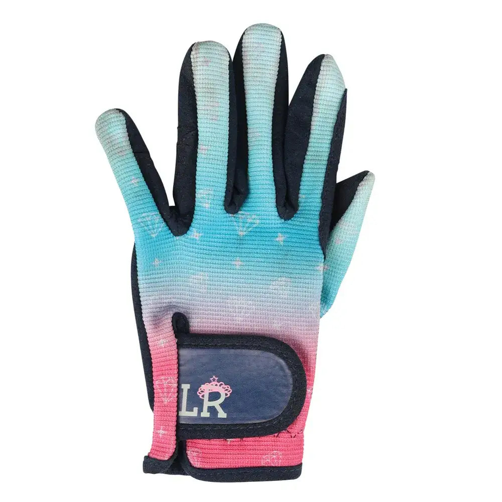 Back side of dazzling diamond riding gloves by little rider with teal to pink gradient, black fingertips, and reinforced palm