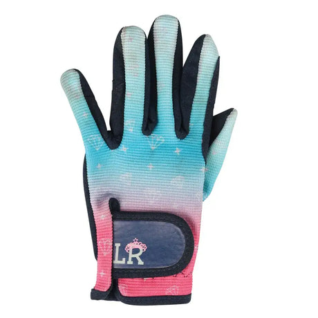 Back side of dazzling diamond riding gloves by little rider with teal to pink gradient, black fingertips, and reinforced palm