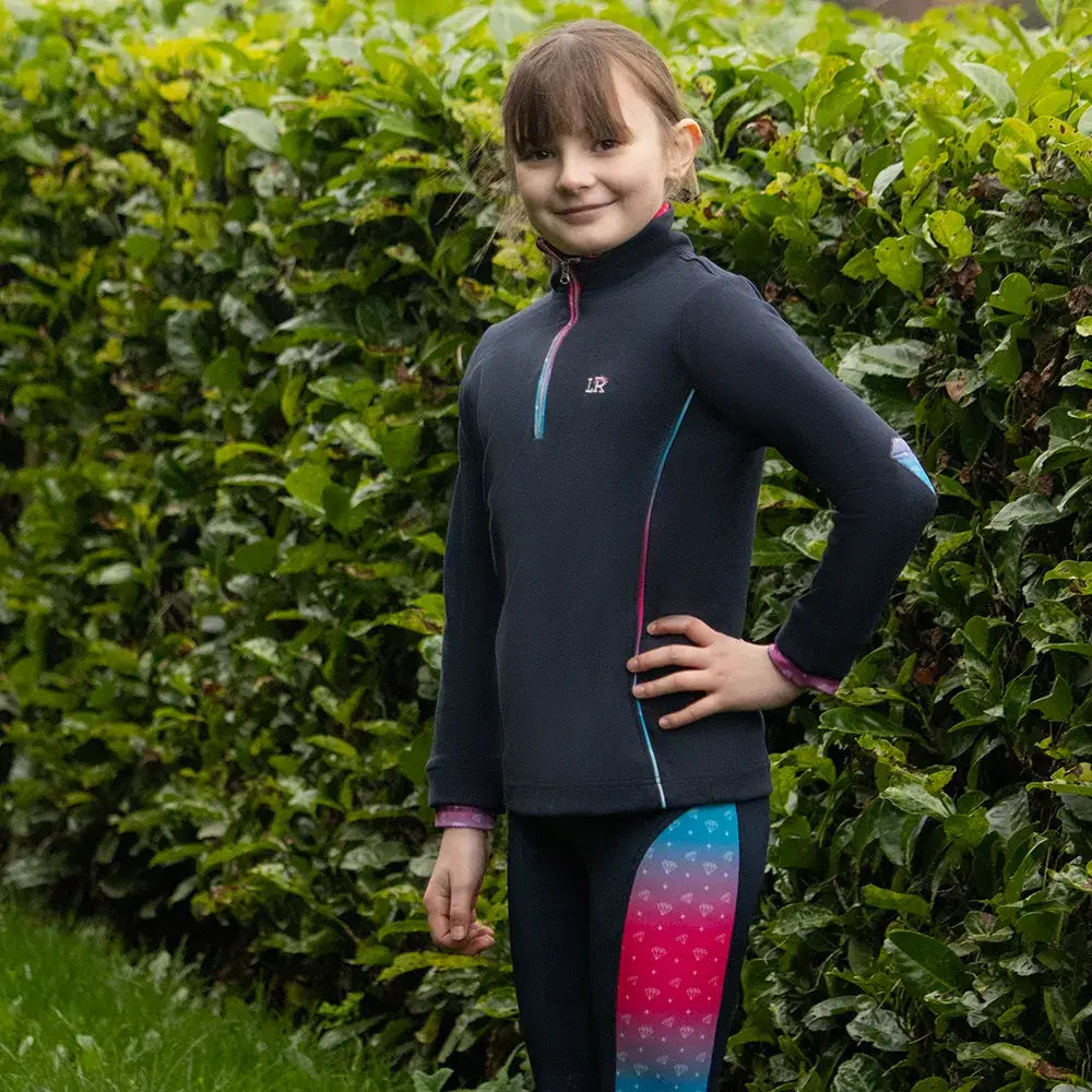 Navy blue fleece dazzling diamond sweatshirt by little rider with pink and teal zipper accents perfect sweatshirt for cooler days