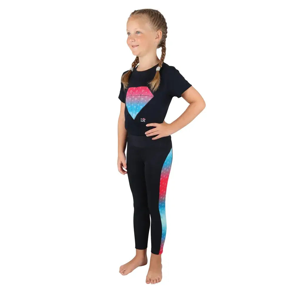 Black short-sleeved dazzling diamond t-shirt by little rider with pink and blue gradient graphic in breathable fabric summer essential