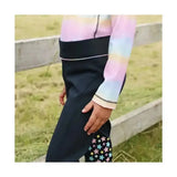 Black dazzling dream riding tights with rainbow gradient sleeve and star patterned navy panel by little rider