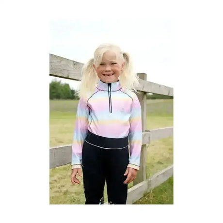 Pastel rainbow striped long-sleeved zip-up top with black trim and high collar from dazzling dream riding collection by little rider