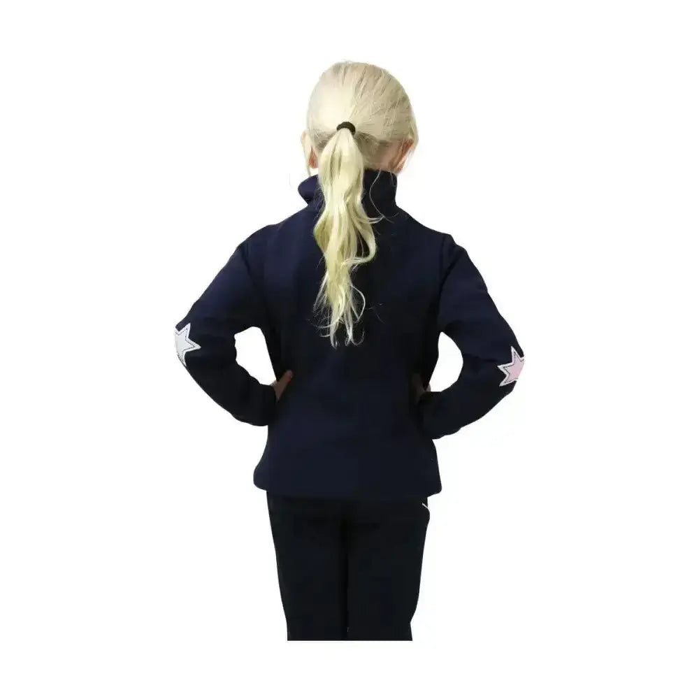Navy blue fleece dazzling dream sweatshirt by little rider with white and pink star patches and silver ¾ zip