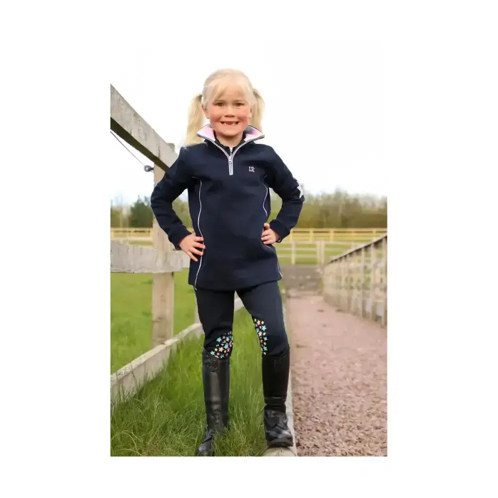 Navy blue zip-up fleece dazzling dream sweatshirt by little rider with white dazzling dream piping and silver ¾ zip