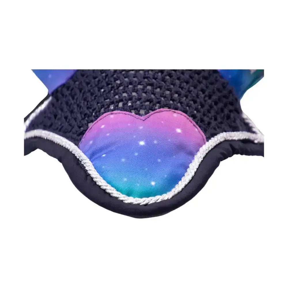 A black mesh fly veil featuring a dazzling night galaxy heart patch with pink blue gradients by little rider