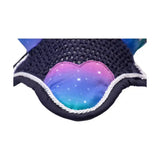 A black mesh fly veil featuring a dazzling night galaxy heart patch with pink blue gradients by little rider