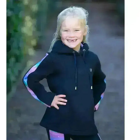 Black dazzling night hoodie by little rider with iridescent rainbow stripes and cozy rider snug vibes