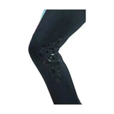 Black knee-high compression sleeve with glossy finish and decorative cut-out patterns for dazzling night riding tights