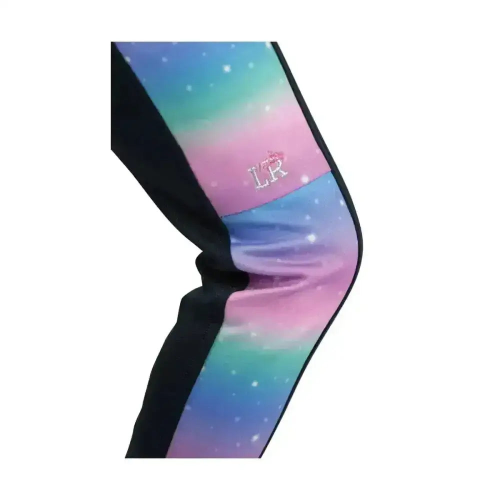Dazzling night riding tights by little rider with vibrant galaxy print and black prismatic print panels for night riding