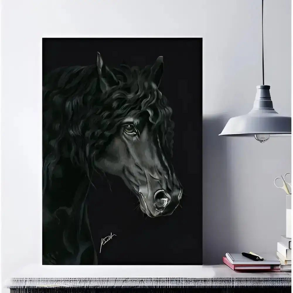 Black canvas a3 print of friesian horse with flowing mane features exquisite monochromatic detail and backing board retail sticker