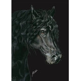 Detailed black-and-gray charcoal friesian horse head drawing with long wavy mane on deckled edge eureka a3 print with backing board and retail sticker featuring exquisite art