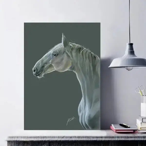 Deckled edge eureka a3 print featuring exquisite charcoal-gray pastel painting of white horse on dark gray canvas cello wrapped with backing board