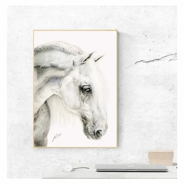 A detailed black and white pencil sketch of a flea bitten grey horse head in profile framed with a light wood frame