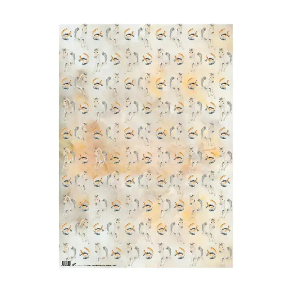 A sheet of deckled edge gift wrap golden equine with minimalist gray and gold squirrels on off-white background