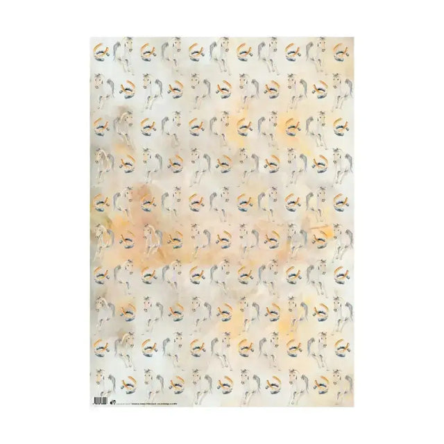A sheet of deckled edge gift wrap golden equine with minimalist gray and gold squirrels on off-white background