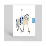 White deckled edge notebook working horse with watercolor rider on light brown horse and blue notes tab handy a6 pocket