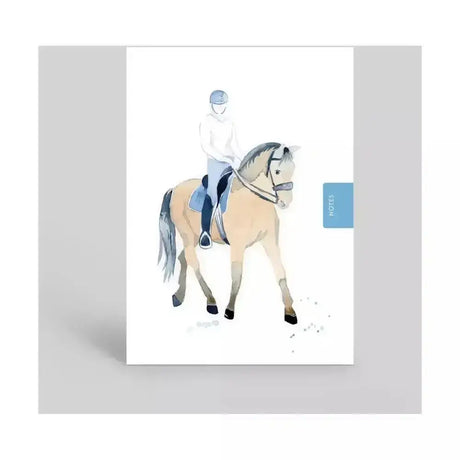 White deckled edge notebook working horse with watercolor rider on light brown horse and blue notes tab handy a6 pocket
